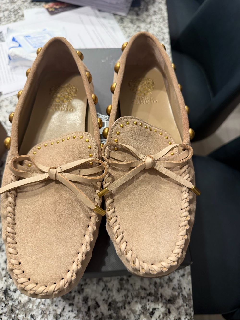 Vince Camuto Suede Bow Moccasin Loafers in Nude